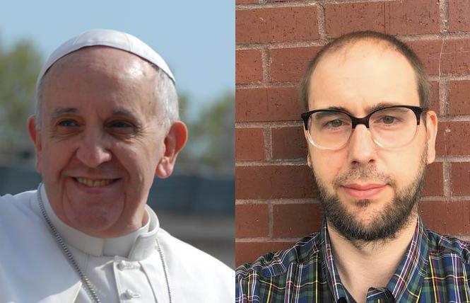 As Pope Francis, left, stated in a new documentary that he's supportive of same-sex civil unions, gay former Jesuit seminarian Benjamin Brenkert has criticized the papacy. Photos: Francis, Bill Wilson; Brenkert, courtesy Benjamin Brenkert