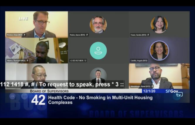 Members of the San Francisco Board of Supervisors debated an apartment smoking ban at their December 1 meeting. Photo: Screengrab via SFGovTV