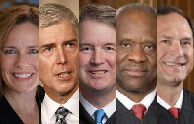 U.S. Supreme Court Justices Amy Coney Barrett, Neil Gorsuch, Brett Kavanaugh, Clarence Thomas, and Samuel Alito were in the majority ruling that New York's pandemic restrictions interfered with religious services. Photos: Barrett, University of Notre Dame; Gorsuch, NBC; Kavanaugh, Supreme Court; Thomas and Alito, public domain 
