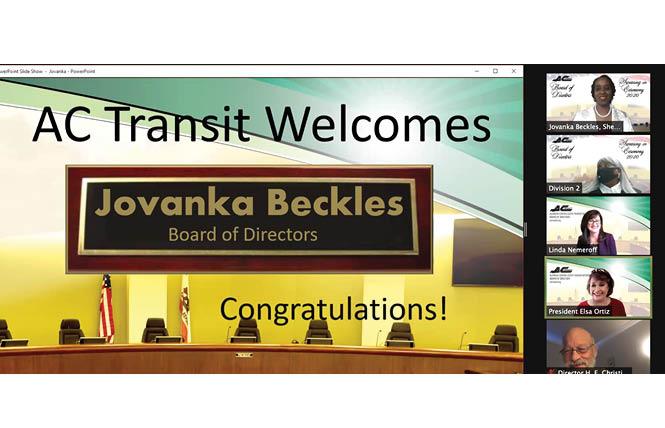 Jovanka Beckles, top right, was sworn in on the AC Transit board December 4. Photo: Screengrab via Zoom