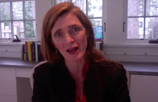 Former U.S. Ambassador to the United Nations Samantha Power announced the 23 companies committed to mentoring LGBTQ asylum seekers and refugees at the first-ever virtual North American Business Summit on LGBTQ Refugees December 8. Photo: Screenshot
