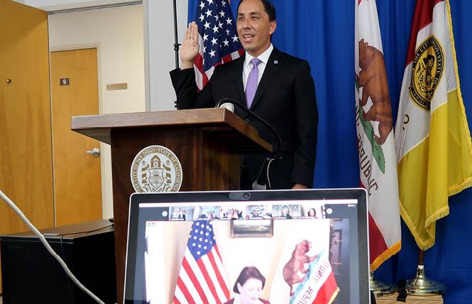 Todd Gloria is remotely sworn in as San Diego's new mayor by state Senate President pro Tempore Toni Atkins December 10. Photo: Courtesy San Diego Mayor's Office