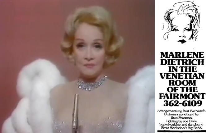Marlene Dietrich in a London concert in 1972, aired on CBS; 'San Francisco Chronicle' ads for Marlene Dietrich's show in April 1975 