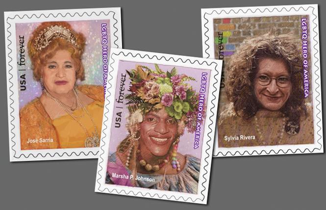 An artist's rendering of proposed postage stamps honoring drag icons José Julio Sarria, Marsha P. Johnson, and Sylvia Rivera. Illustrations: Thomas Haller Buchanan