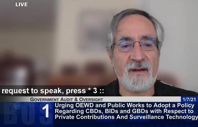 San Francisco Supervisor Aaron Peskin discussed a resolution that would institute rules for community benefits districts and other groups to accept private funding. Photo: Screengrab via SFGovTV