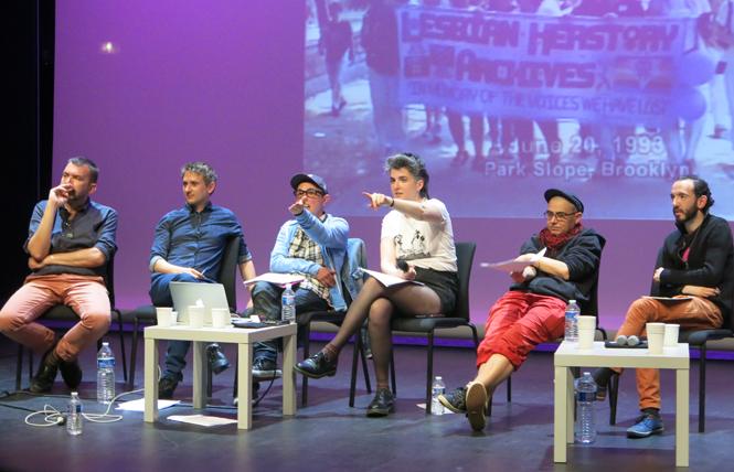 Panelists presenting at a daylong Symposium on the Creation of an LGBTQ Archives Center in 2018 included Collectif Archives LGBTQI members Renaud Chantraine, second from the left, and Sam Bourcier, third from the left, co-sponsored by the Collectif Archives LGBTQI and the City of Paris. Photo: Courtesy Gerard Koskovich.