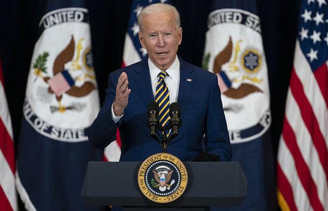 President Joe Biden spoke to United States State Department employees and reporters, announcing plans to place LGBTQ rights at the forefront of U.S. foreign policy. Photo: AP