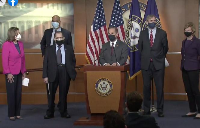 Congressman David Cicilline spoke at a February 25 news conference shortly before the House of Representatives voted to approve the Equality Act. Photo: Screengrab