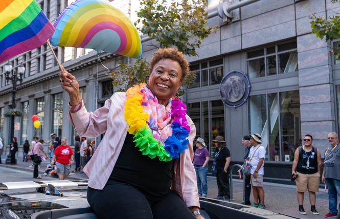 Congresswoman Barbara Lee waved as she rode in the 2019 Oakland Pride parade. Photo: Jane Philomen Cleland  