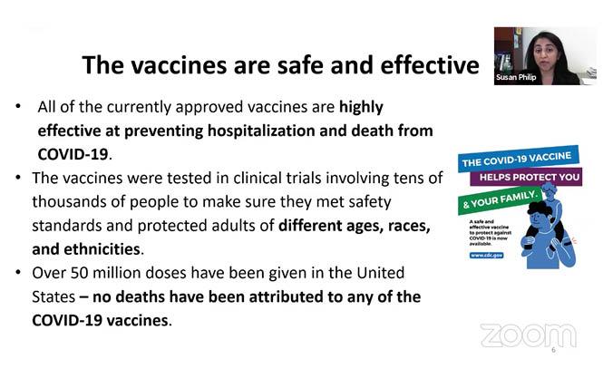 A slide from the March 9 virtual town hall highlights the safety of COVID-19 vaccines. Photo: Screengrab