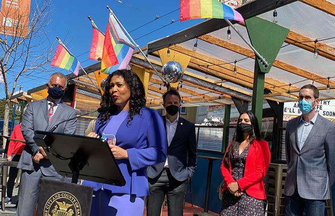 San Francisco Mayor London Breed held a news conference outside The Cove on Castro Friday to announce legislation to make the Shared Spaces program permanent post-pandemic. Photo: John Ferrannini