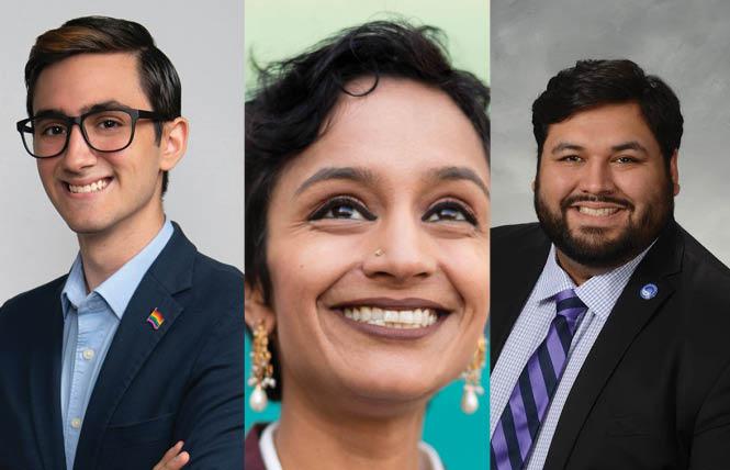 LGBTQ candidates James Aguilar, left, Janani Ramachandran, and Victor Aguilar Jr. (no relation to James) have all announced they are running to replace Attorney General-designate Rob Bonta in the 18th Assembly District. Photos: Courtesy the candidates