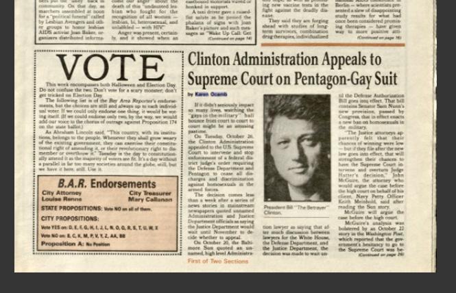 A 1993 issue of the B.A.R. with "The Betrayer" inserted in the caption of then-President Bill Clinton's photo. Photo: B.A.R. Archive