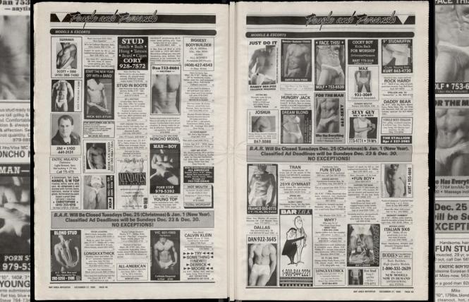 A two-page spread from six pages of escort and massage ads in the December 1990 issue of the Bay Area Reporter