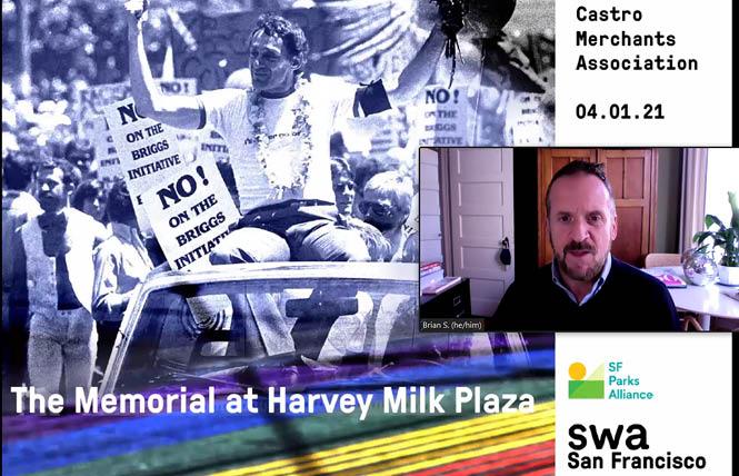 Brian Springfield, interim executive director of the Friends of Harvey Milk Plaza, gave a presentation on the proposed renovation project to the Castro Merchants Association April 1. Photo: Screengrab