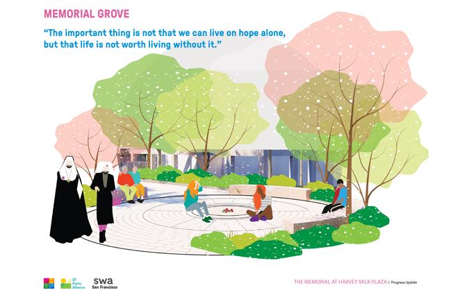 A rendering of the memorial garden concept was received most favorably by attendees at two recent town halls about renovating Harvey Milk Plaza. Photo: Courtesy SWA Group