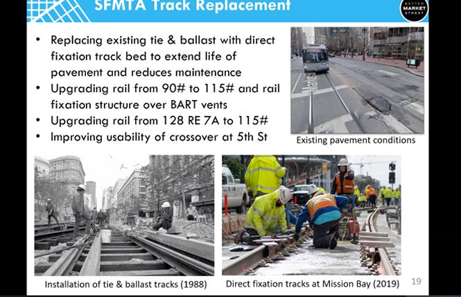 A slide shows old Muni tracks over the years, and what will be done during phase 1 of Better Market Street between Fifth and Eighth streets. Photo: Courtesy SFMTA