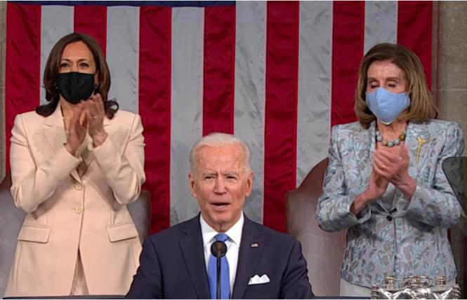 President Joe Biden announced support for the Equality Act during his April 28 speech before a joint session of Congress. Standing behind him were Vice President Kamala Harris, left, and House Speaker Nancy Pelosi. Photo: Screengrab