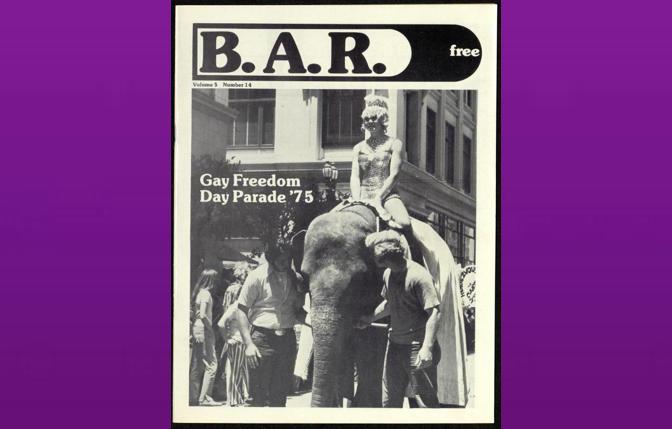 Empress Doris rides an elephant down Polk Street at 1975's Gay Freedom Day Parade