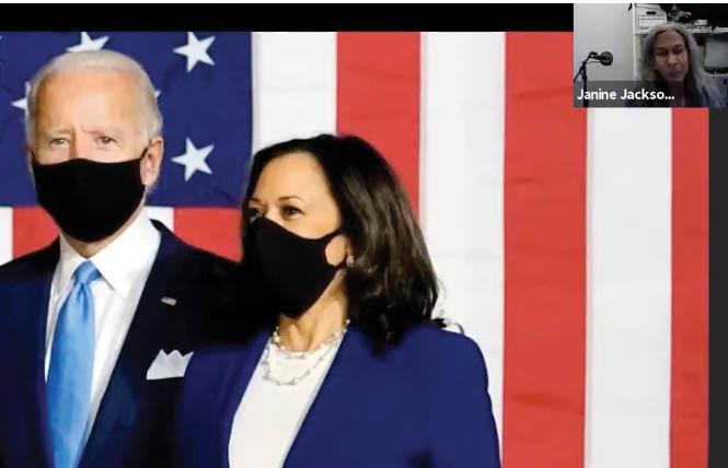 President Joe Biden, shown with Vice President Kamala Harris, was the subject of a review of his first 100 days in office that featured Janine Jackson, top right. Photo: Screengrab