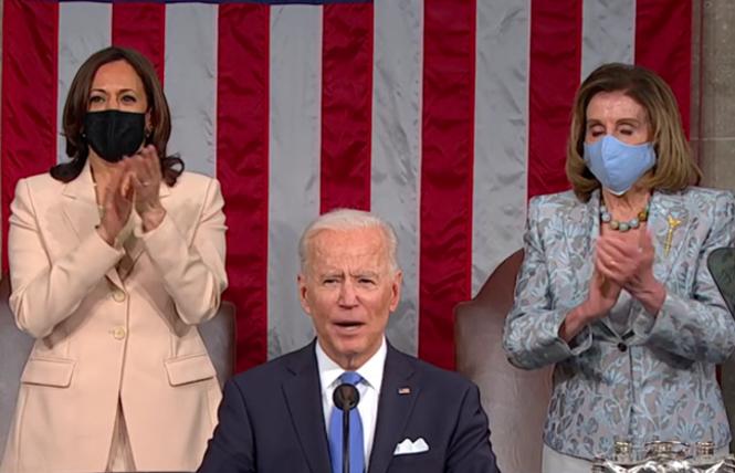 President Joe Biden delivered his address to a joint session of Congress, as Vice President Kamala Harris and House Speaker Nancy Pelosi applauded when he mentioned the Equality Act. Photo: Screengrab