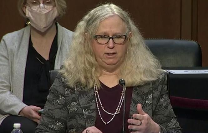 Assistant Secretary for Health Dr. Rachel Levine, shown here during her Senate confirmation hearing, was one of the officials, along with her boss, Health and Human Services Secretary Xavier Becerra, who reversed a Trump-era rule allowing health care providers to discriminate against LGBTQ people. Photo: Screengrab via CSPAN 