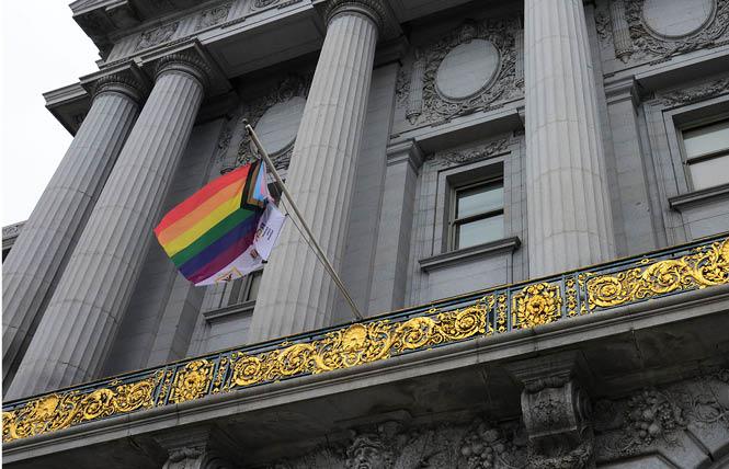 The Progress pride flag from Cork, Ireland flew at San Francisco City Hall Sunday, May 16. Photo: Rick Gerharter