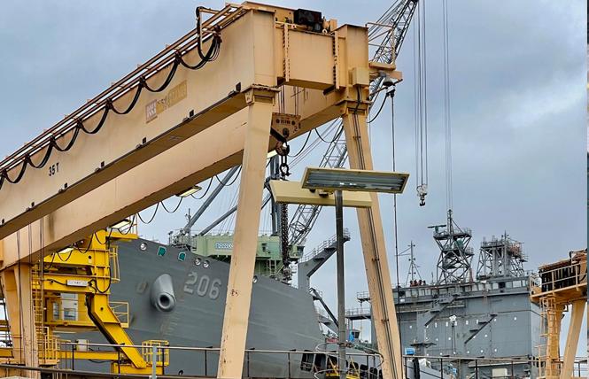The USNS Harvey Milk sits in the General Dynamics San Diego shipyard. Photo: Courtesy International Imperial Court