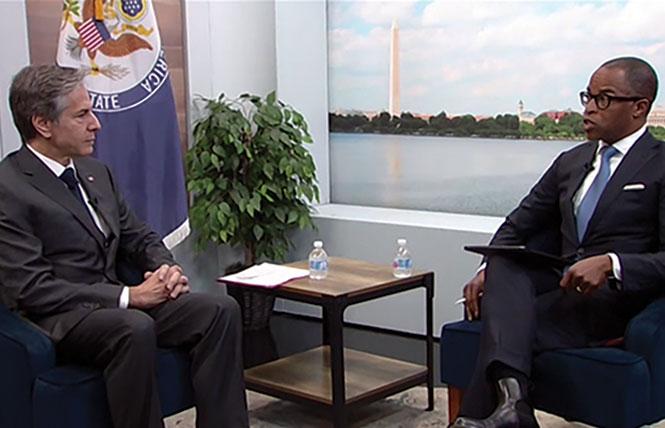 United States Secretary of State Antony J. Blinken, left, talks with Jonathan Capehart. Photo: Atlantic Council screenshot