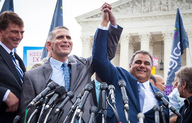 Greg Bourke, left, and his husband, Michael DeLeon, celebrated outside the U.S. Supreme Court after the justices legalized same-sex marriage nationwide in the Obergefell v. Hodges case on June 26, 2015. Photo: Molly Kaplan, ACLU