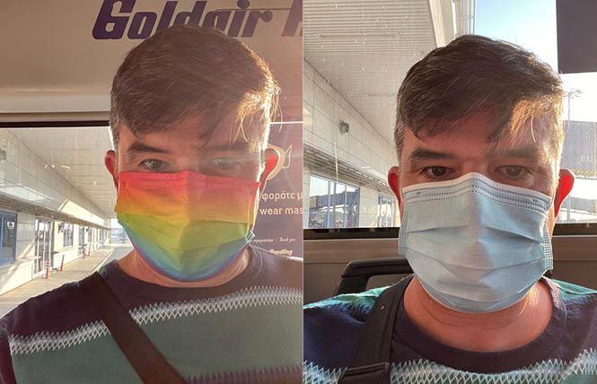 Scott Schmidt was told he could not fly on Lufthansa wearing his rainbow-colored surgical face mask when he left Athens for his home in Los Angeles and replaced it with a blue one he had in his carry-on luggage. Photo: Courtesy Scott Schmidt  