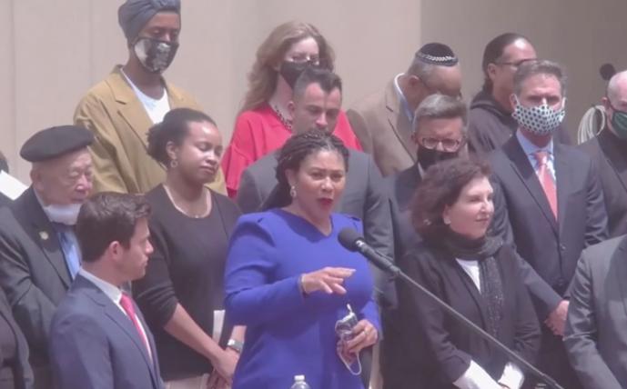 San Francisco Mayor London Breed denounced anti-Semitism at a news conference July 29 at Congregation Emanu-El. Photo: Screenshot