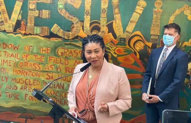 San Francisco Mayor London Breed, left, and Health Director Dr. Grant Colfax were in North Beach August 12 to announce the city's new order requiring people to show proof of a COVID vaccine for many indoor businesses and large indoor events like theaters. Photo: John Ferrannini