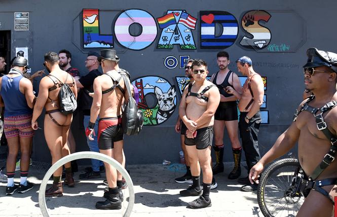 People line up outside the Powerhouse bar during Folsom Street Market in late July. Photo: Gooch