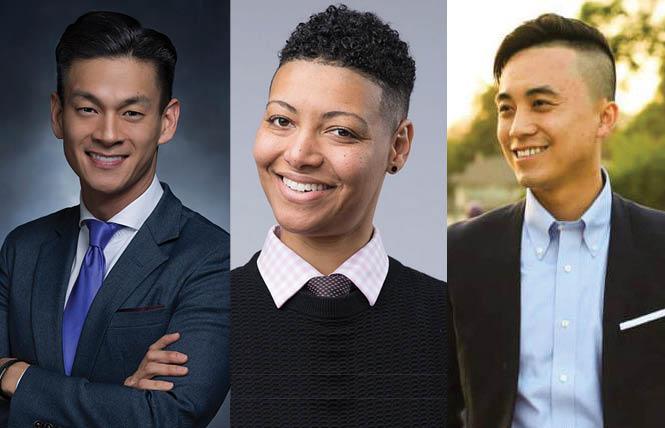 Bay Area out legislative candidates for 2022 include, from left, incumbent Assemblyman Evan Low, newcomer Jennifer Esteen, and incumbent Assemblyman Alex Lee. Photos: Low, courtesy CA Assembly; Esteen and Lee, courtesy campaign sites