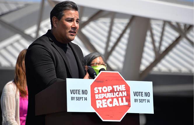 California Insurance Commissioner Ricardo Lara, the only out gay statewide elected official, spoke against the recall of Governor Gavin Newsom at the September 8 rally in San Leandro. Photo: Bill Wilson