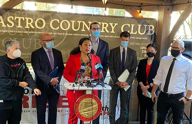 Mayor London Breed spoke at a news conference September 28 at the Castro Country Club with other officials, urging Governor Gavin Newsom to sign state Senator Scott Wiener's Senate Bill 110, a substance use treatment bill. Photo: John Ferrannini