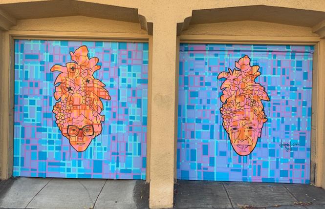 A mural of medical cannabis pioneers Mary Jane Rathbun, aka Brownie Mary, left, and Dennis Peron brightens a garage in San Francisco's Castro LGBTQ neighborhood. Photo: Sari Staver