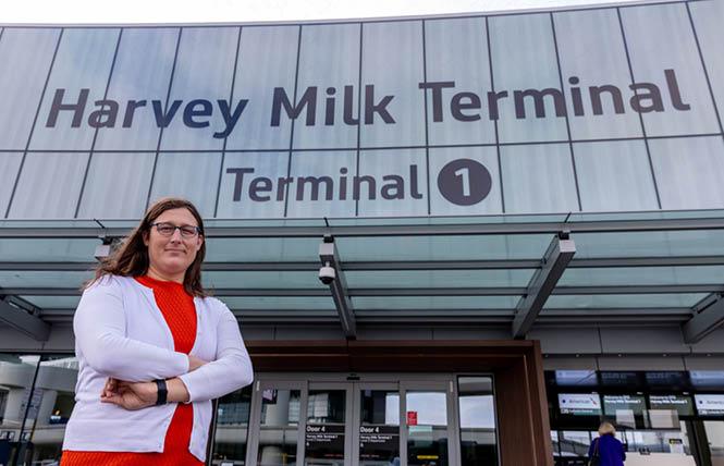 Jane Natoli, standing outside Harvey Milk Terminal 1 at San Francisco International Airport, became the first trans person appointed to the airport commission when she was sworn in October 7. Photo: Courtesy Mayor's Office