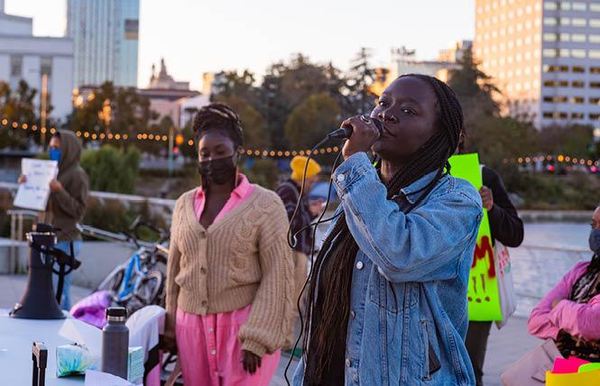 Akua Gyamerah, right, spoke at an October 11 rally in Oakland against a proposed anti-LGBTQ bill in Ghana. Photo: Jane Philomen Cleland