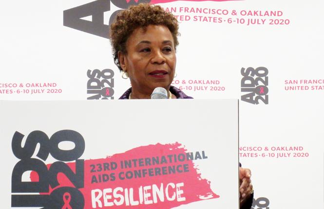 Congressmember Barbara Lee, shown at an AIDS 2020 news conference, on World AIDS Day introduced the Repeal HIV Discrimination Act of 2022. Photo: Liz Highleyman
