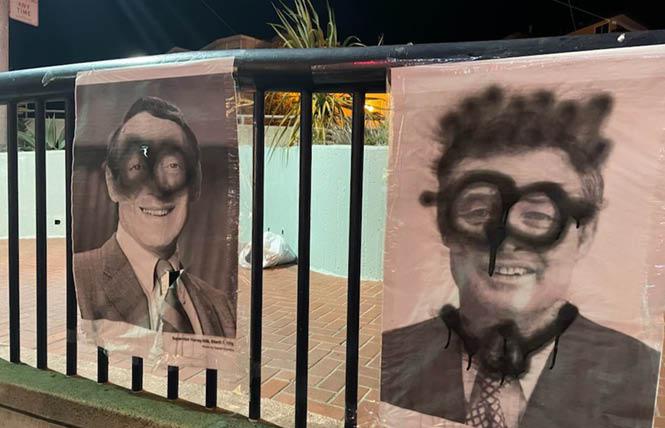 Images of slain San Francisco Supervisor Harvey Milk, left, and Mayor George Moscone that were installed as part of the November 27 memorial were defaced some time December 1. Photo: Courtesy Harvey Milk LGBTQ Democratic Club.