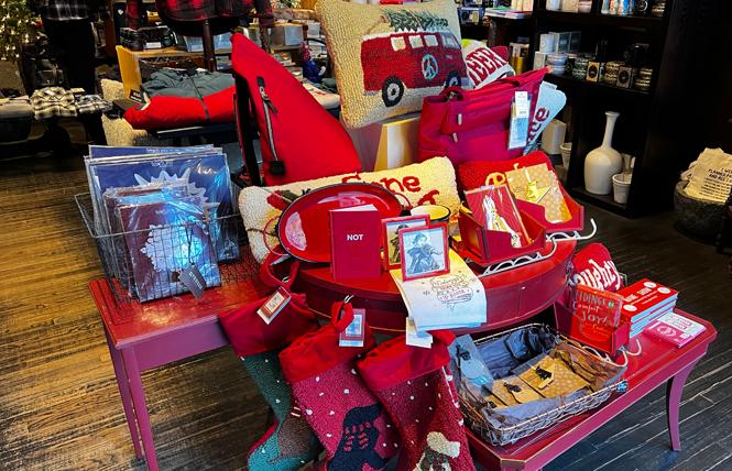 Kenneth Wingard San Francisco has a cheerful holiday display of stockings, pillows, and more. Photo: Matthew S. Bajko