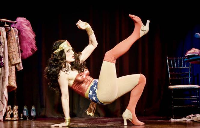 Fauxnique portrays Wonder Woman, one of many characters in her show "The F Word" at Oasis cabaret, San Francisco, 2016. Photo: Gooch