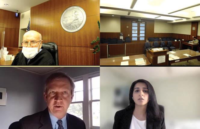 San Francisco Superior Court Judge Richard Ulmer, top left, ruled in favor of the city in a Union Square surveillance lawsuit that was argued by Deputy City Attorney Wayne Snodgrass, lower left, and plaintiffs' attorney Sara Hussain, lower right. Photo: Screengrab