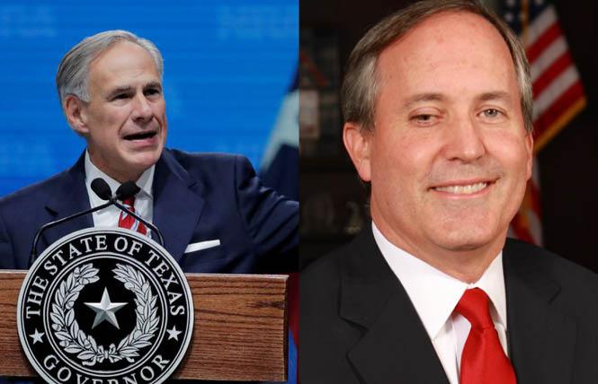 Texas Governor Greg Abbott, left, and state Attorney General Ken Paxton have called for parents of trans children to be investigated for child abuse in a recent letter and opinion, respectively. Photos: Abbott, courtesy Reuters; Paxton, via Washington Blade, public domain
