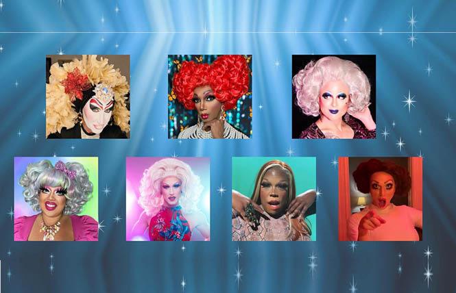 Drag artists set to appear in "Queens Read Celebrity Autobiographies" include, top, from left: Sister Roma, BeBe Sweetbriar, and Elsa Touche, along with, bottom row, from left, Snaxx, Mary Lou Pearl, Afrika America, and Carrie Fisher-Price. Photos: Used with permission