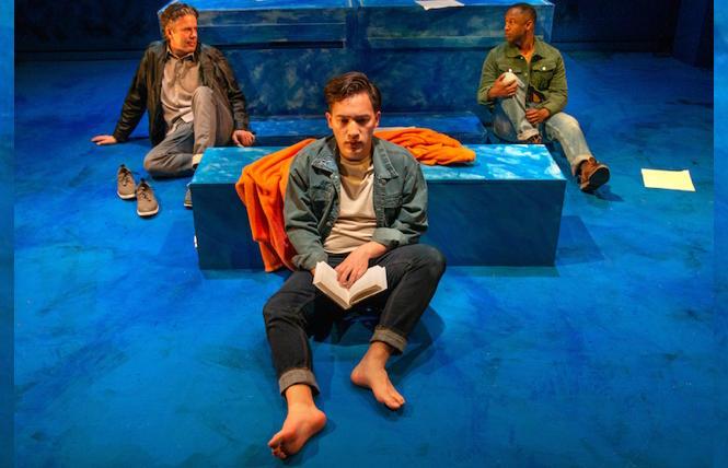 L to R: Bryant (Matt Weimer), Erik (James Aaron Oh), and Jared (Troy Rockett) in 'PrEp Play, or Blue Parachute' at New Conservatory Theatre Center<br>