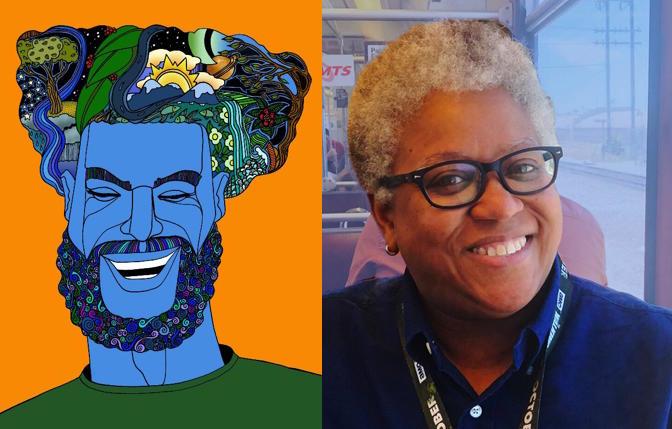 artist Ajuan Mance and one of her portraits from '1001 Black Men'