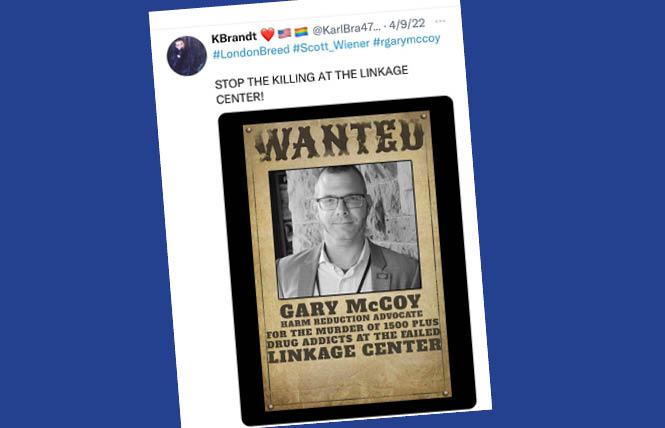 A "wanted" poster that appeared on Twitter accuses harm reduction advocate Gary McCoy of murder, prompting him to sue for libel. Photo: Courtesy McCoy lawsuit